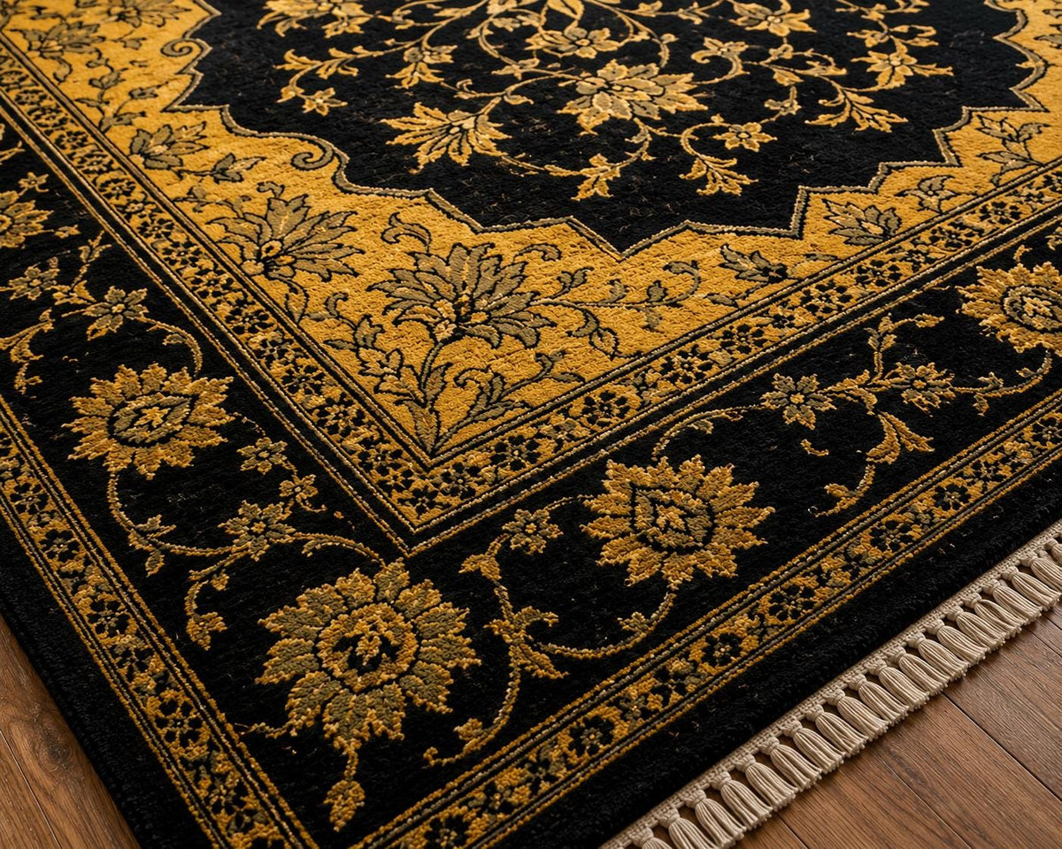 Hand Knotted Wool Area Rug – Black & Gold Floral Oriental | Free Doorstep Delivery to USA (Made to Order)