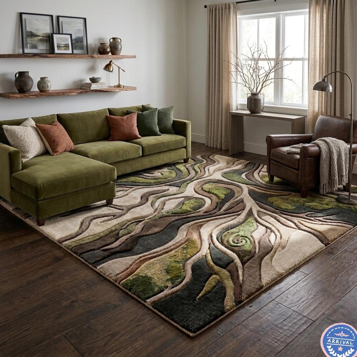 Abstract Wave Rug, 3D Textured Carpet in Earth Tones, Handmade Moss Green Floor Art | 100% New Zealand Wool | Made to Order
