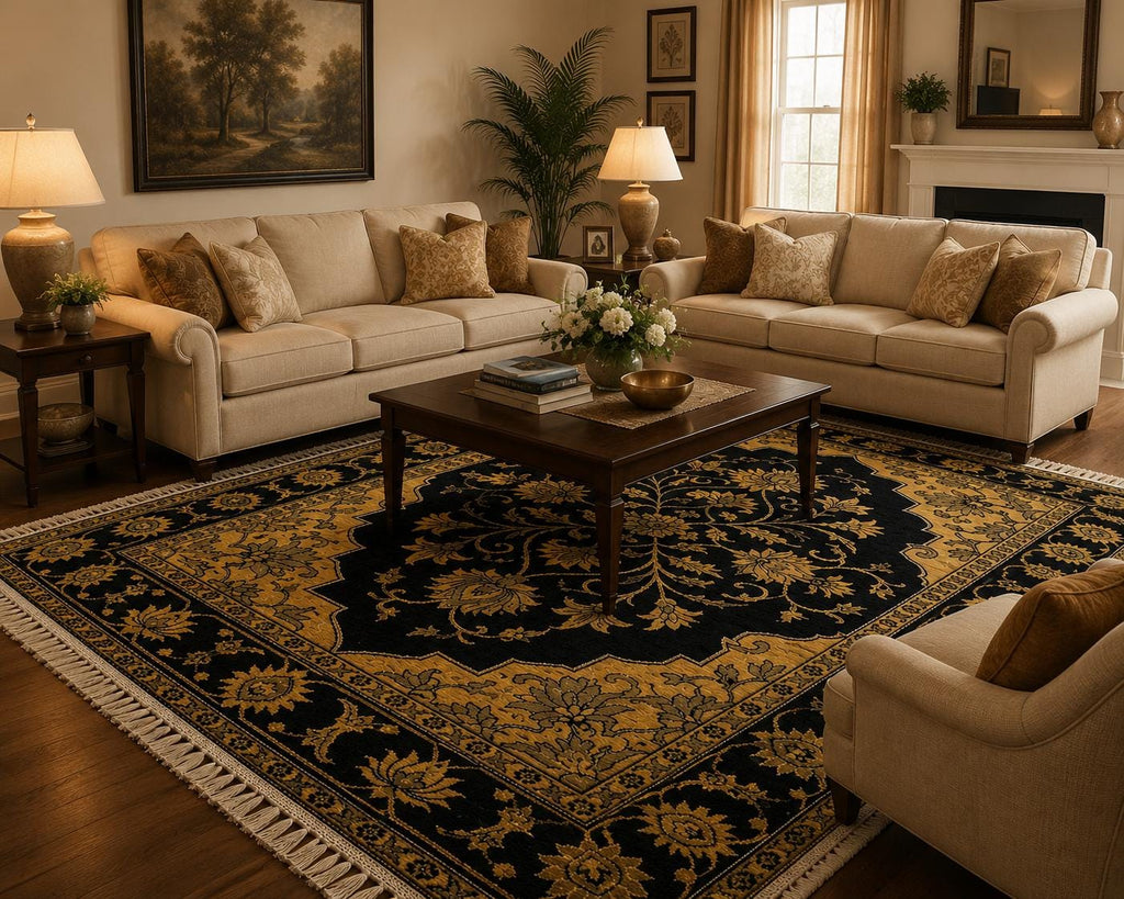 Hand Knotted Wool Area Rug – Black & Gold Floral Oriental | Free Doorstep Delivery to USA (Made to Order)