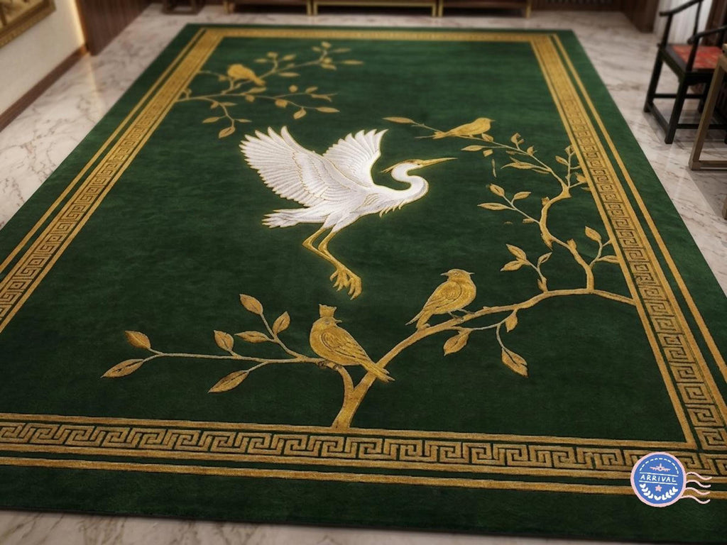 Chinoiserie Crane Rug, Hand-Tufted Emerald Carpet, Gold Songbird Accent | 100% New Zealand Wool | Made to Order