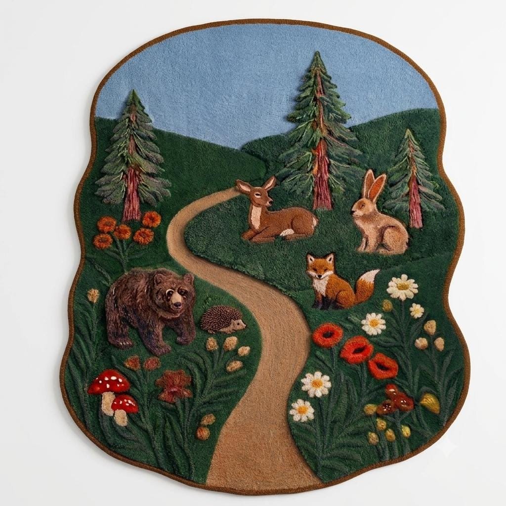 Handcrafted 3D Wool Forest Rug – Bear, Fox, Deer Nursery Carpet (India) | Made to Order