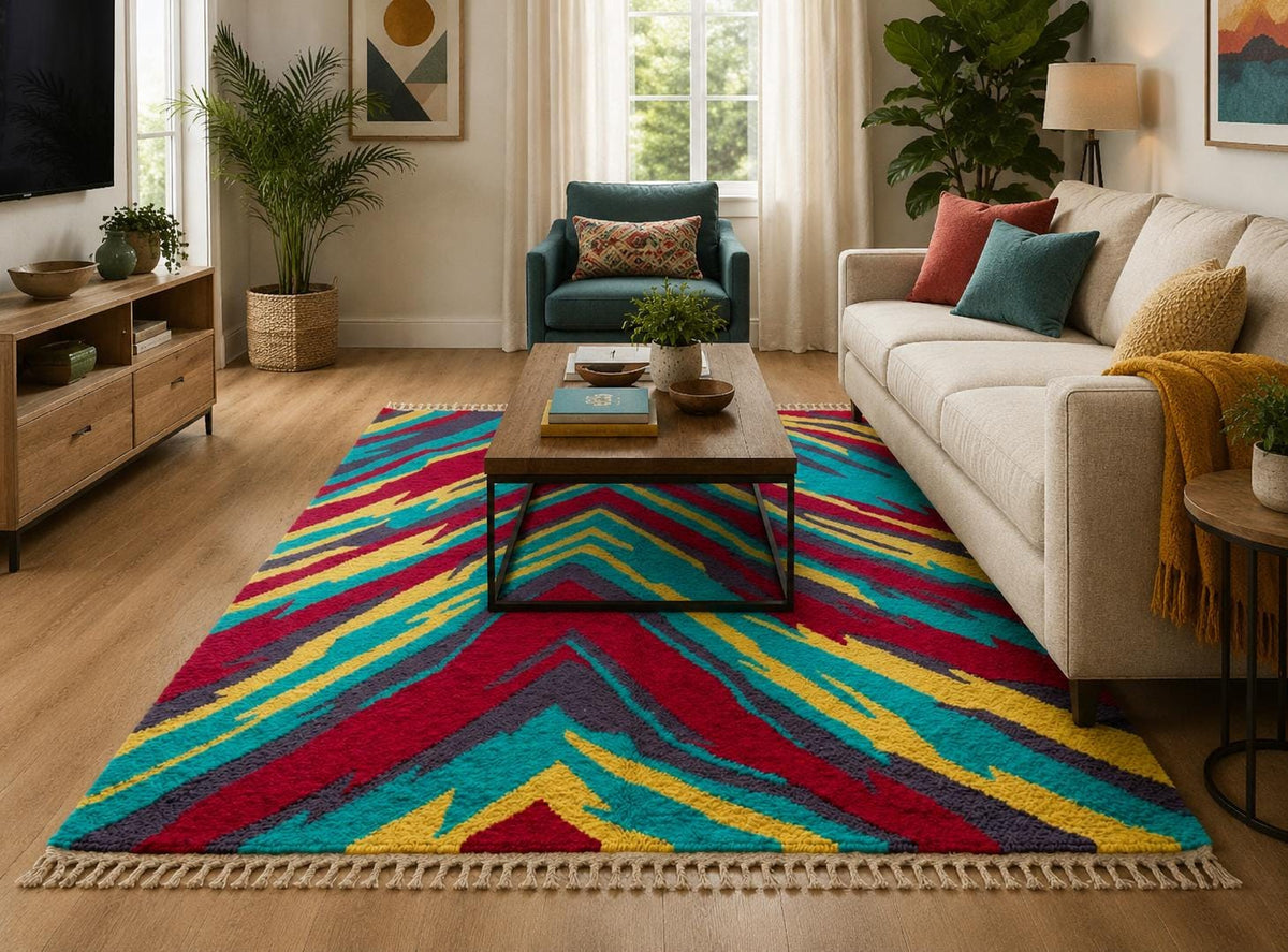 Hand Knotted Wool Area Rug – Shaggy Abstract Chevron | Free Doorstep Delivery to USA (Made to Order)