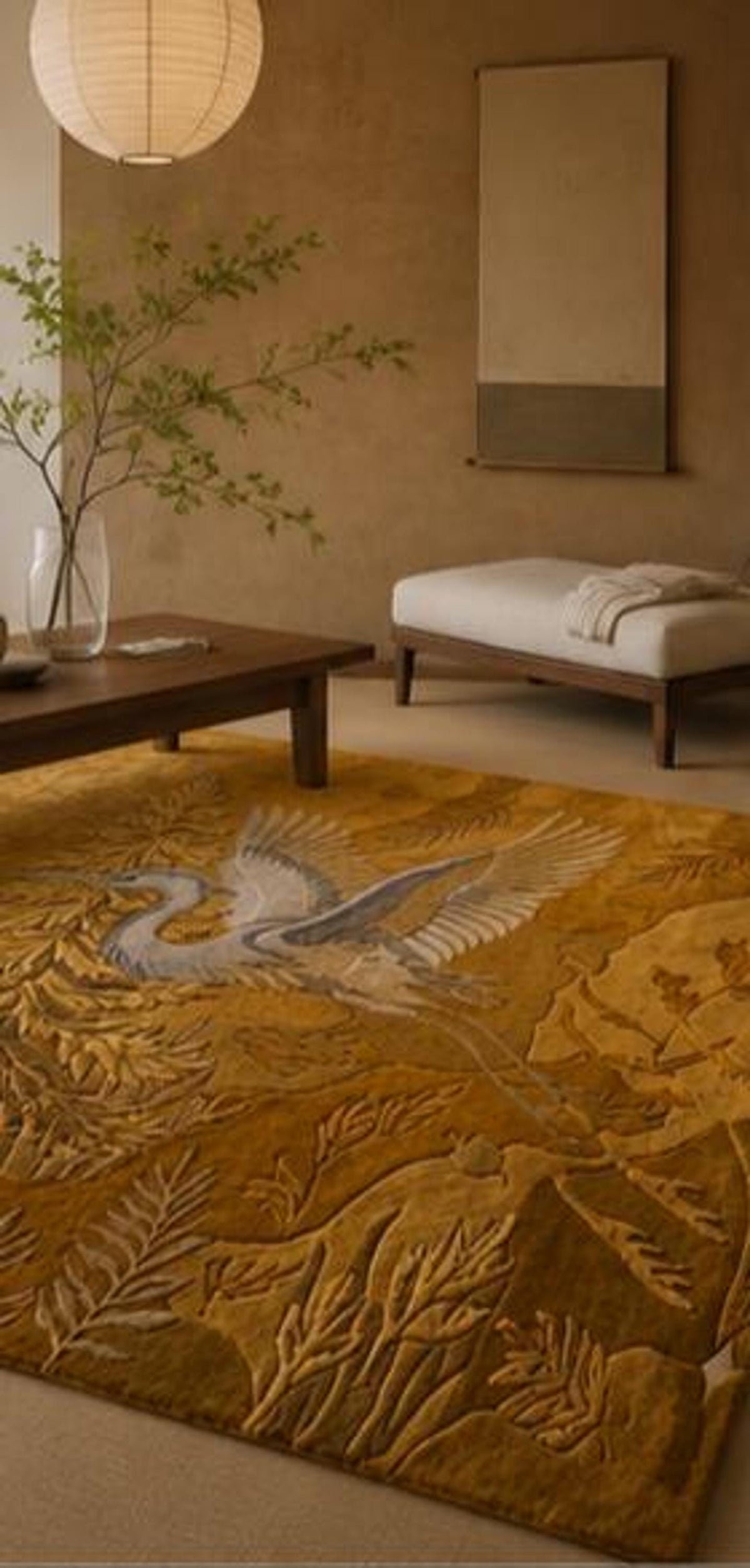 Botanical Heron Mat, Golden Yellow Autumn Home Decor, Sculpted Wool Entryway Accent | 100% New Zealand Wool | Made to Order