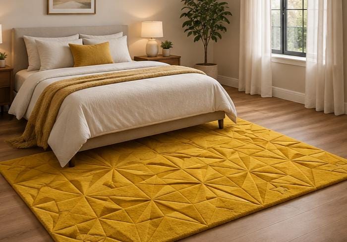 Modern 3D Sculpted Geometric Origami Hand-Tufted Rug - Mustard Yellow Ochre Gold Triangular Lattice Carpet