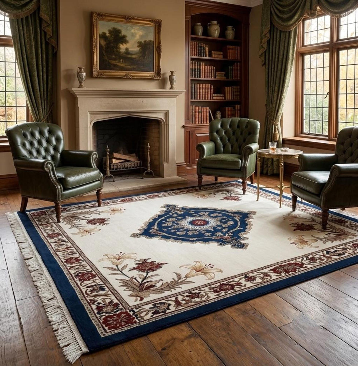 Luxury Wool Area Rug, Ivory Sapphire Medallion with Burgundy Floral Border, Hand-Tufted Traditional Decor | Made to Order