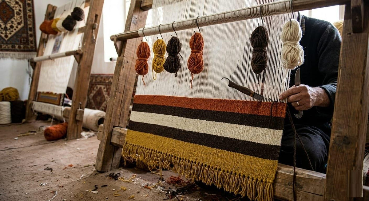Hand Knotted Wool Area Rug – Mustard, Rust & Cream Modern Stripes | Free Doorstep Delivery to USA (Made to Order)