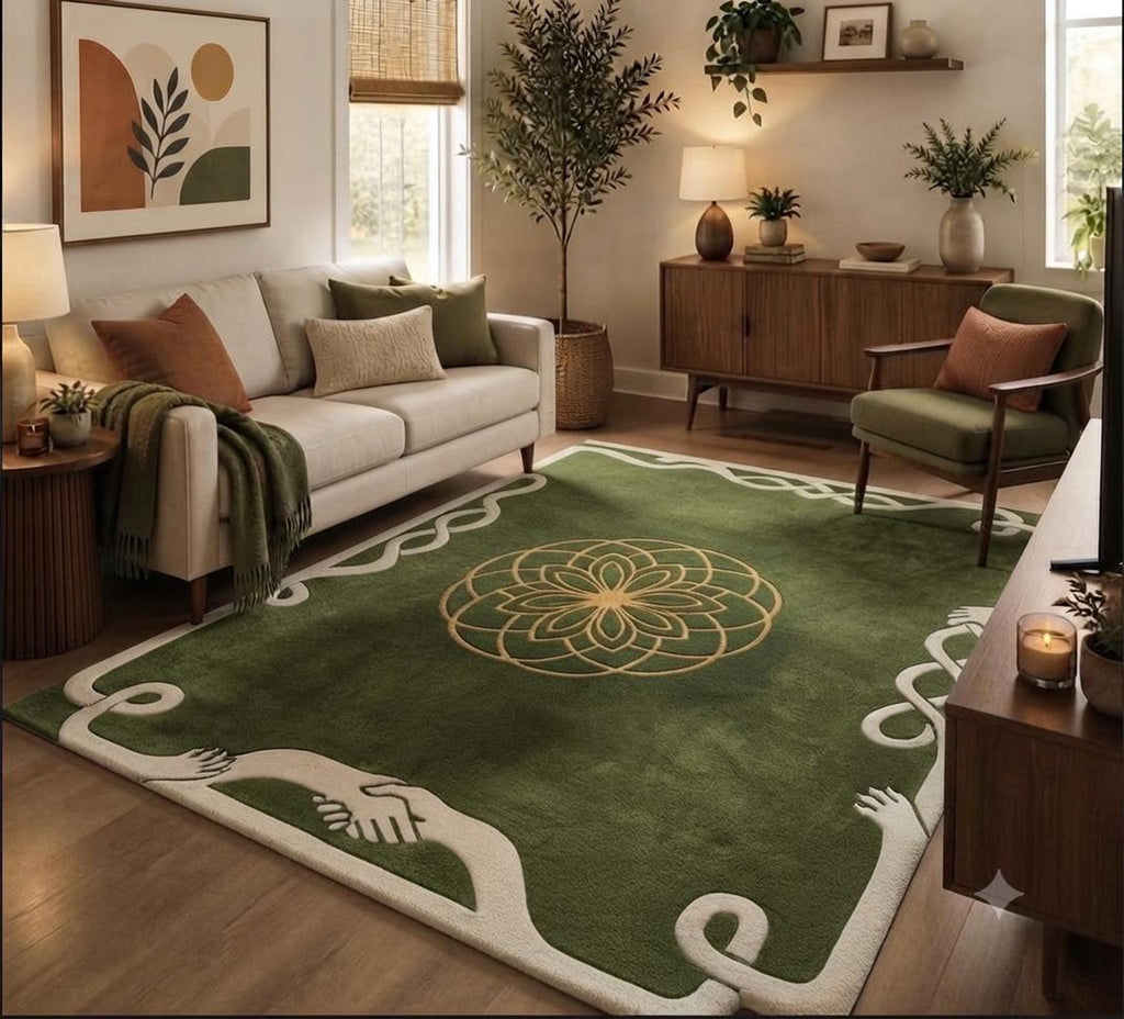 Green Mandala Area Rug, Sacred Geometry Art for Regal Home Decor, Hand-Made Wool Carpet | Made to Order