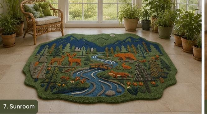 Hand-Carved Wool Forest Wildlife Rug – Mountain Stream, Deer, Bear, Fox Scene | Made to Order