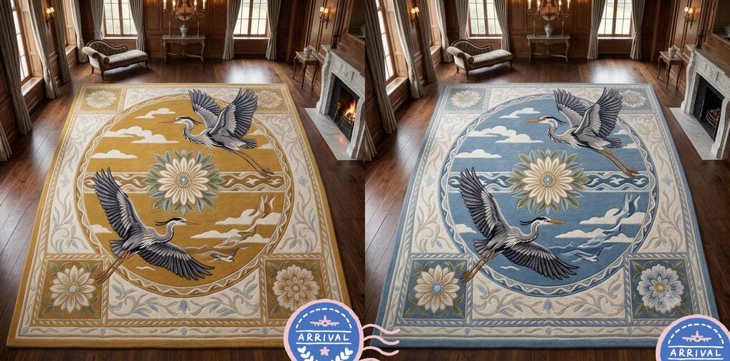 Flying Herons Baroque Border Rug – Ochre Gold & Slate Blue | 100% New Zealand Wool | Made to Order