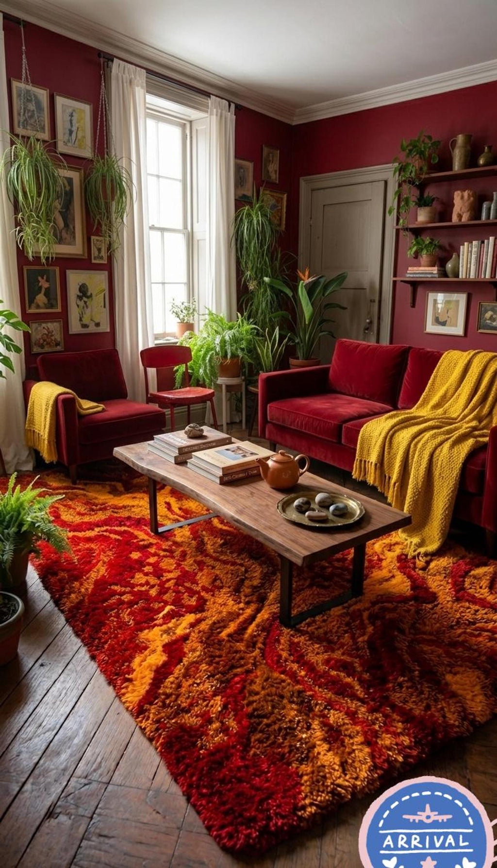 Red Orange Abstract Area Rug, Mid Century Boho Living Room Decor, High Pile Shag Mat | Made to Order