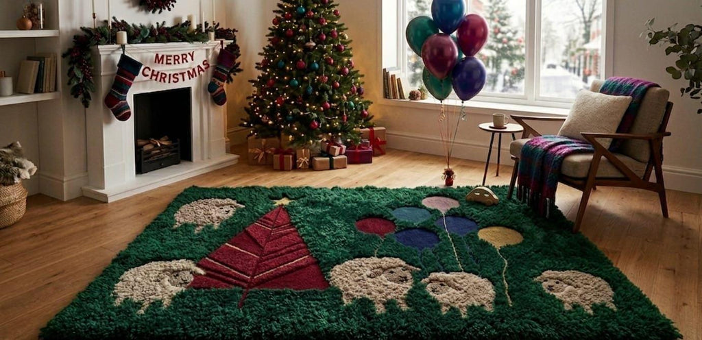 Handmade Moss Rug – Christmas Tree with Sheep & Balloons | Festive Wool Rug