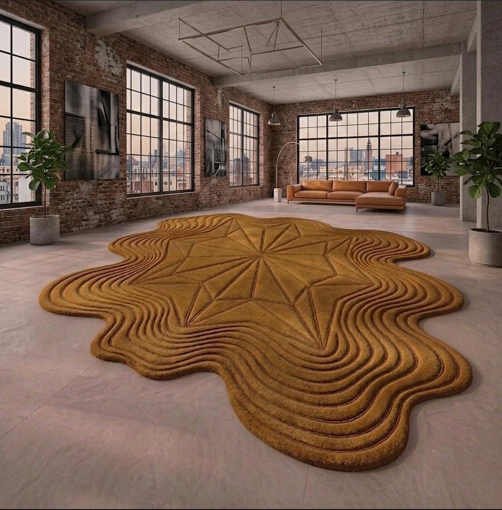 Modern 3D Sculpted Geometric Star Hand-Tufted Rug – Ochre Gold Wavy Ripple Irregular Carpet | Made to Order