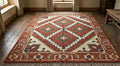 Hand Knotted Wool Area Rug – Rust, Cream & Blue Geometric Diamond | Free Doorstep Delivery to USA (Made to Order)
