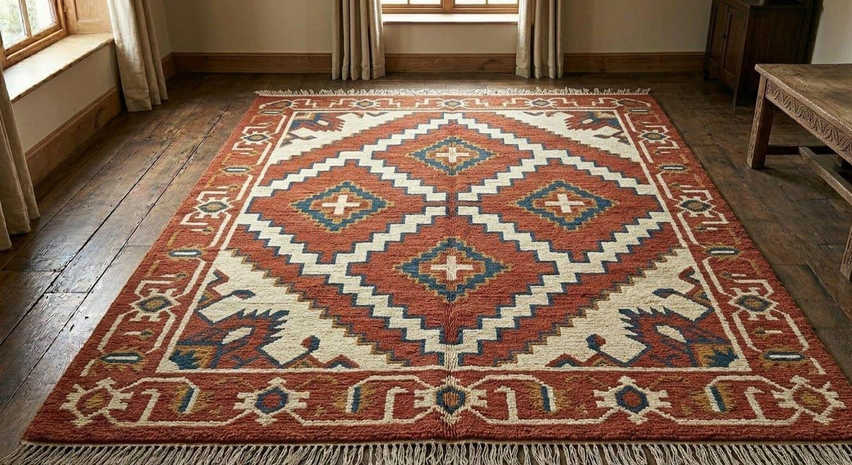 Hand Knotted Wool Area Rug – Rust, Cream & Blue Geometric Diamond | Free Doorstep Delivery to USA (Made to Order)