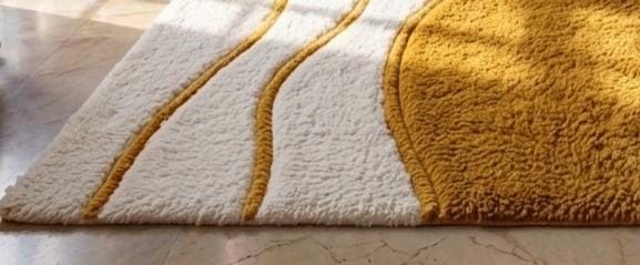 Handcrafted Wool Area Rug – Modern Ivory Gold Wavy Lines, High Pile Texture | Made to Order