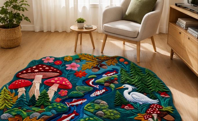Enchanted 3D Sculpted Forest Stream & Mushroom Hand-Tufted Rug | 100% New Zealand Wool | Made to Order