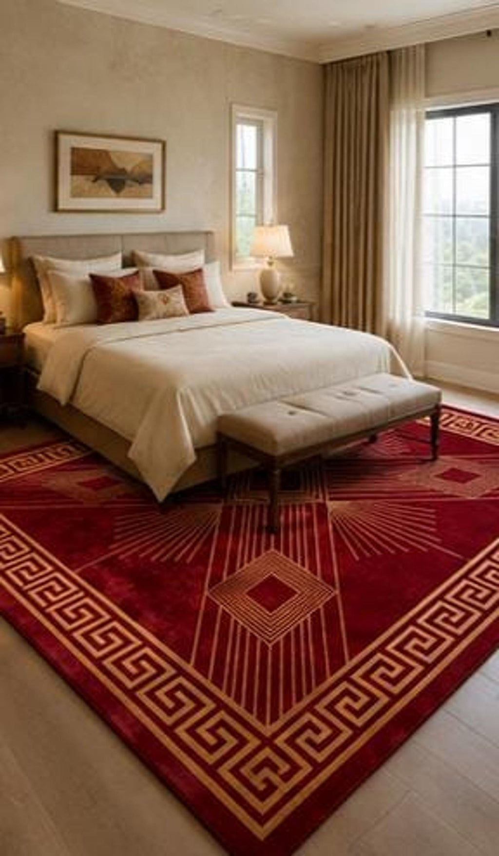 Red Geometric Area Rug, Art Deco Crimson and Gold Decor, Hand-Tufted Wool with Greek Key Border | 100% New Zealand Wool | Made to Order