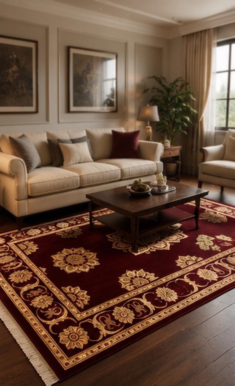 Hand Knotted Wool Area Rug – Burgundy & Gold Floral Medallion Carpet | Free Doorstep Delivery to USA (Made to Order)