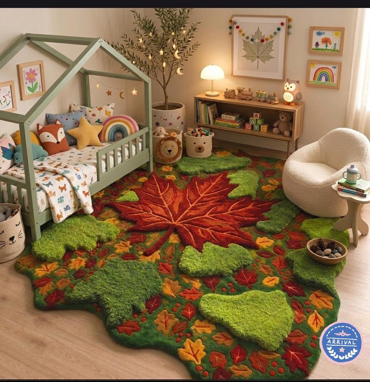 Moss Area Rug, Maple Leaf Forest Floor Decor, Hand-Carved Wool Art | Made to Order