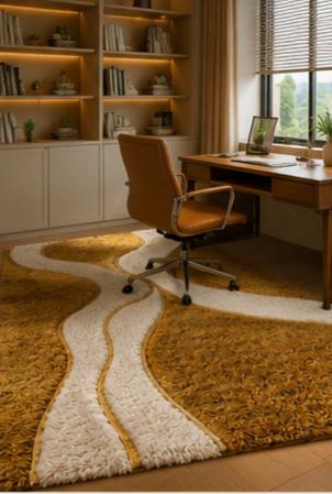 Handcrafted Wool Shag Rug – Mustard Gold Wavy Line Area Carpet | 100% Wool | Made to Order