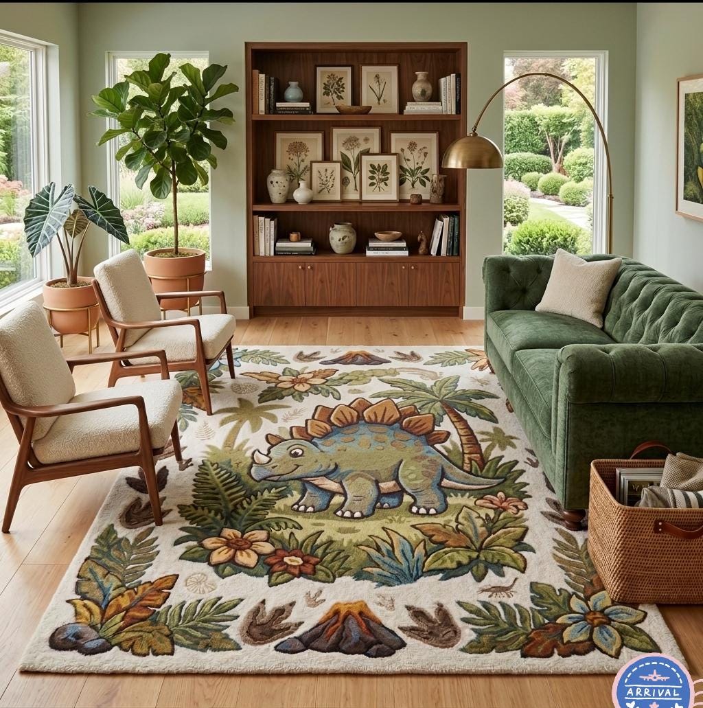 Hand-Made Wool Triceratops Rug – Prehistoric Jungle Kids Playroom Carpet | 100% New Zealand Wool | Made to Order