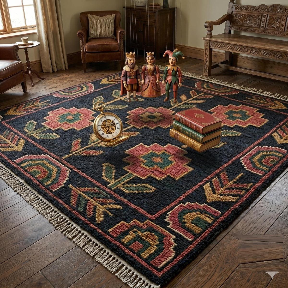 Hand Knotted Wool Area Rug – Dark Floral Geometric with Intricate Border | Free Doorstep Delivery to USA (Made to Order)
