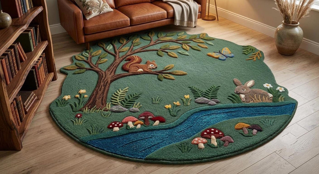 Forest Meadow Rug, Woodland Animal Room Decor, 3D Squirrel and Rabbit Design | 100% New Zealand Wool | Made to Order