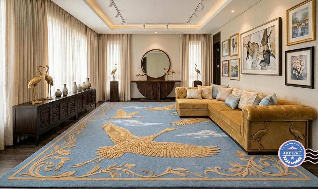Blue Chinoiserie Rug, Hand-Tufted Wool With Golden Cranes, Plush High Pile Decor | 100% New Zealand Wool | Made to Order
