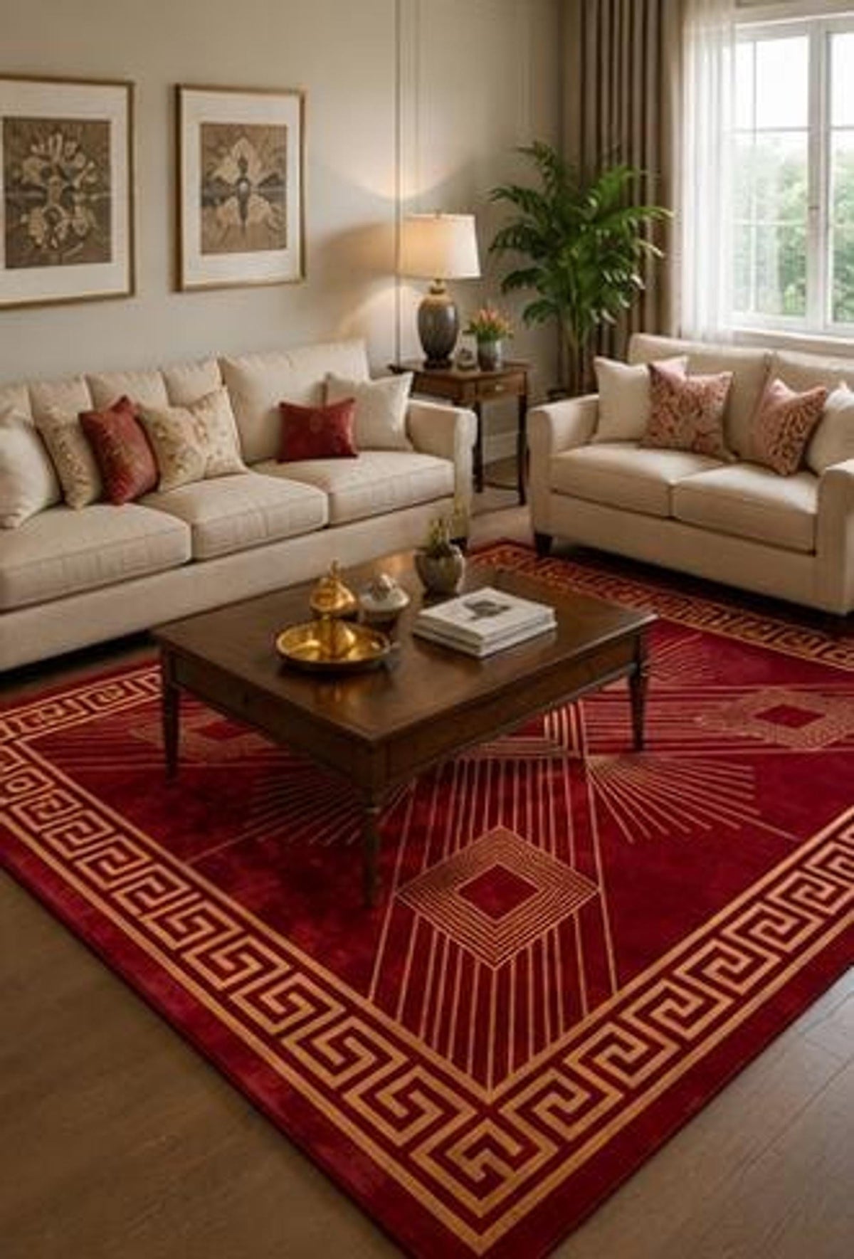 Red Geometric Area Rug, Art Deco Crimson and Gold Decor, Hand-Tufted Wool with Greek Key Border | 100% New Zealand Wool | Made to Order