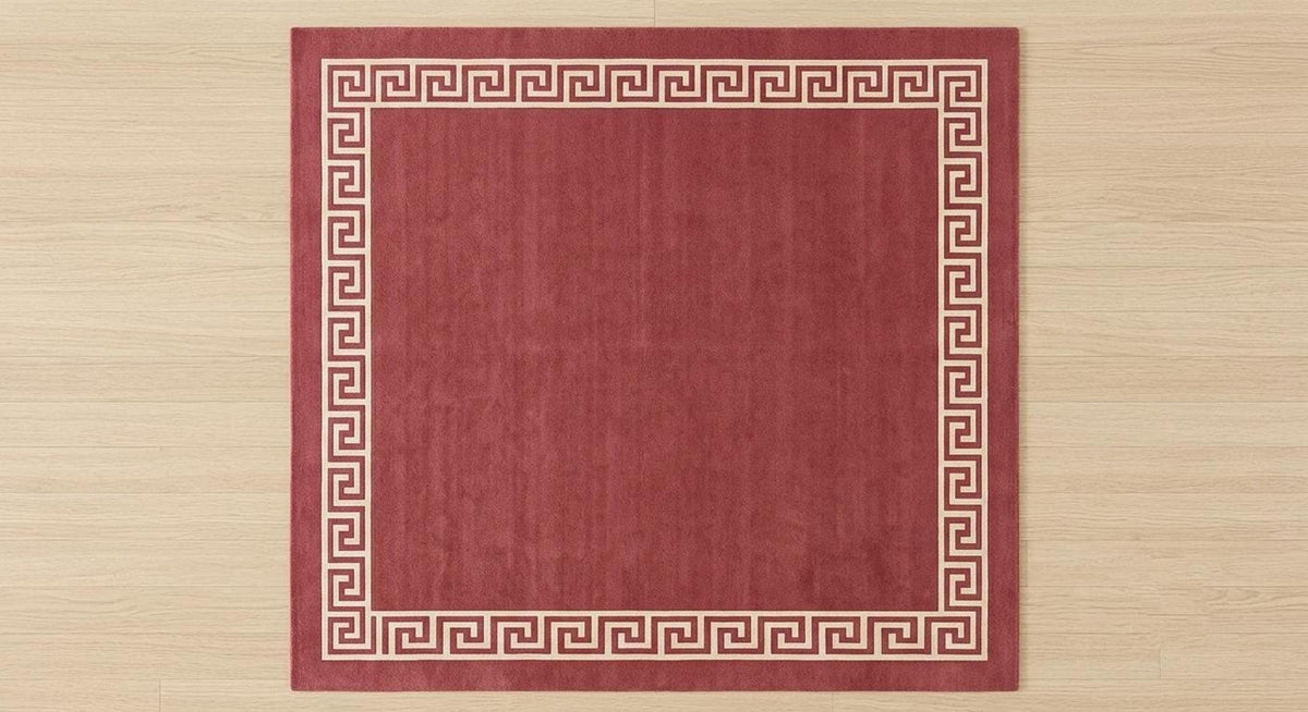 Dusty Rose Area Rug, Greek Key Hand-Tufted Wool Design, Cream Border Traditional Decor | Made to Order