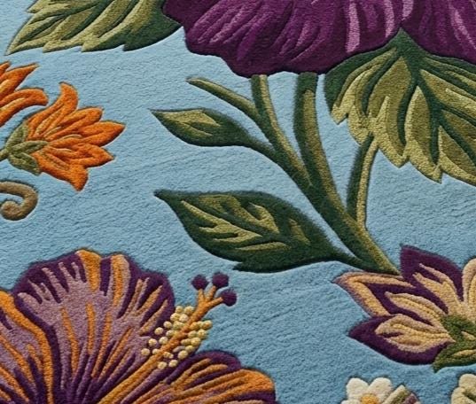 Vibrant 3D Sculpted Purple Hibiscus Hand-Tufted Rug – Sky Blue & Tropical Floral Bloom Carpet | Made to Order