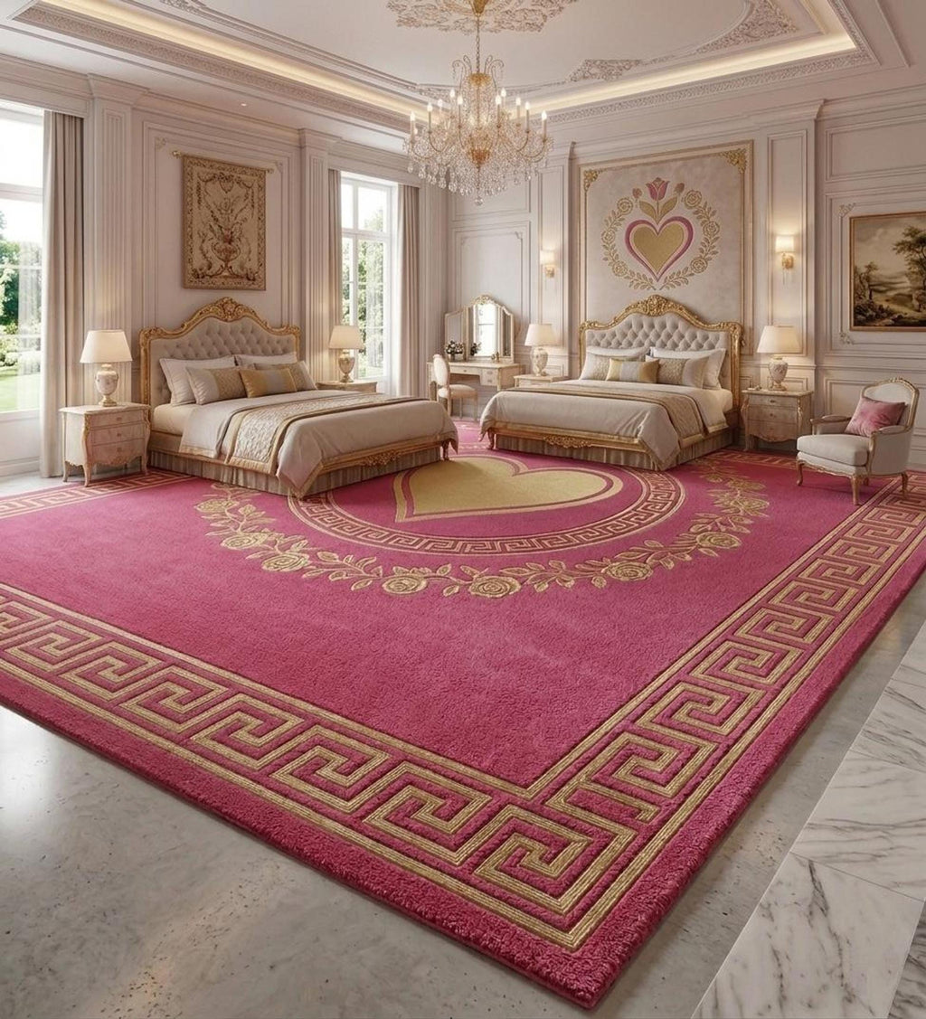 Greek Key Border Rug, Pink Romantic Bedroom Decor, Hand-Tufted Wool Design | 100% New Zealand Wool | Made to Order
