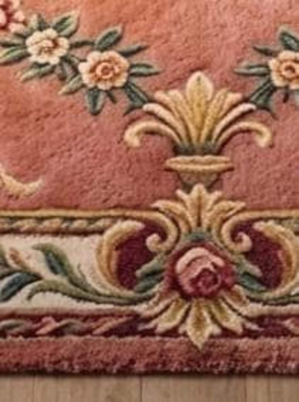 Peach Crane Area Rug, Hand-Tufted New Zealand Wool, Golden Bird Motif and Floral Border | 100% New Zealand Wool | Made to Order