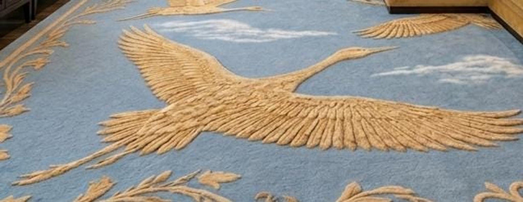 Blue Chinoiserie Rug, Hand-Tufted Wool With Golden Cranes, Plush High Pile Decor | 100% New Zealand Wool | Made to Order