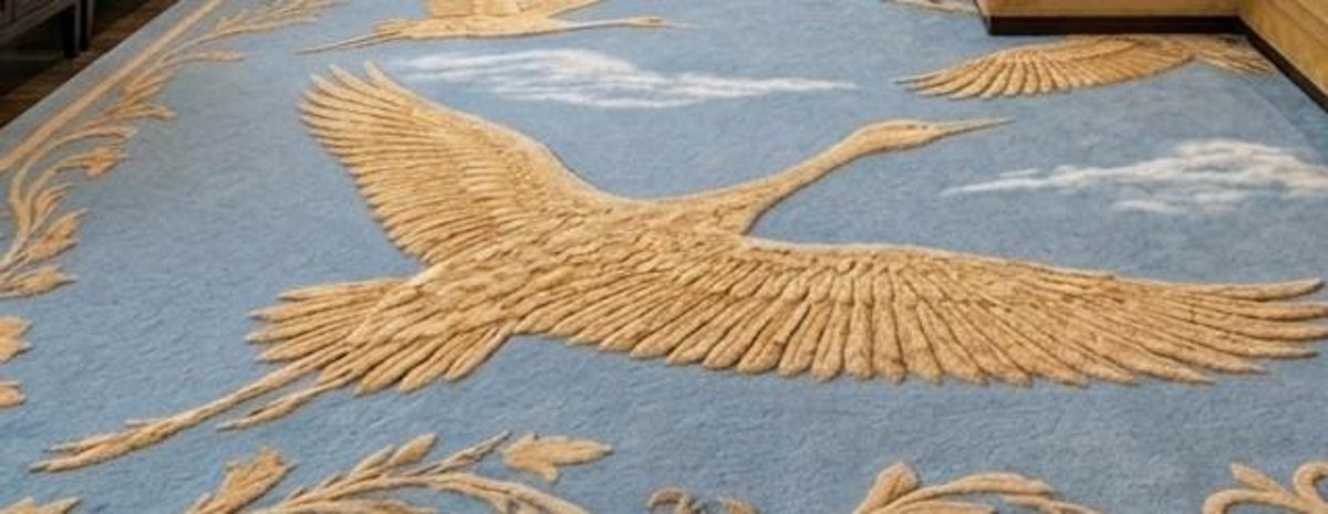 Blue Chinoiserie Rug, Hand-Tufted Wool With Golden Cranes, Plush High Pile Decor | 100% New Zealand Wool | Made to Order