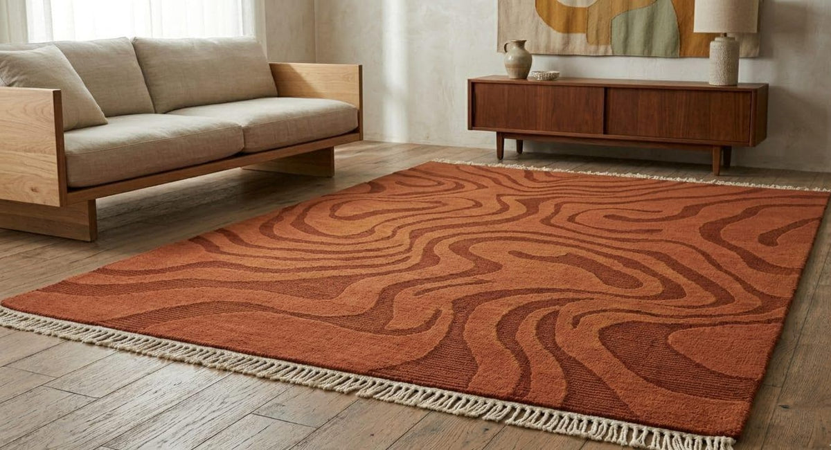 Hand Knotted Wool Area Rug – Rust & Terracotta Abstract | Free Doorstep Delivery to USA (Made to Order)