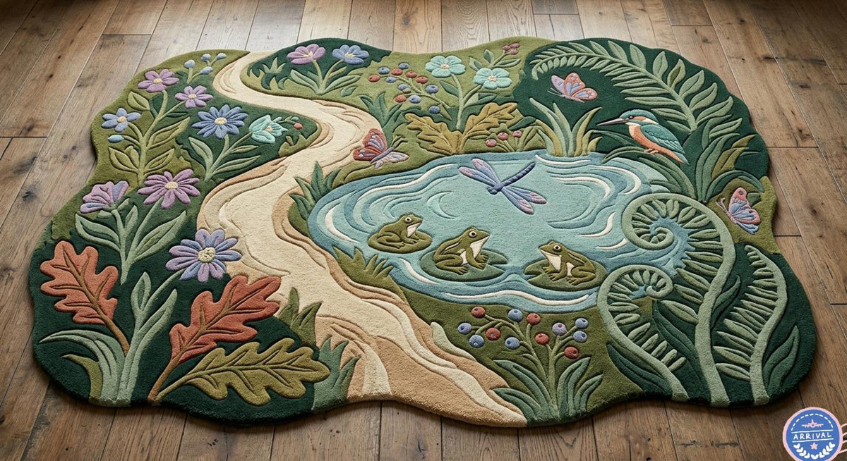 Frog Pond Area Rug, Cottagecore Mat for Fairycore Rooms, Hand Tufted Wool Woodland Decor | Made to Order