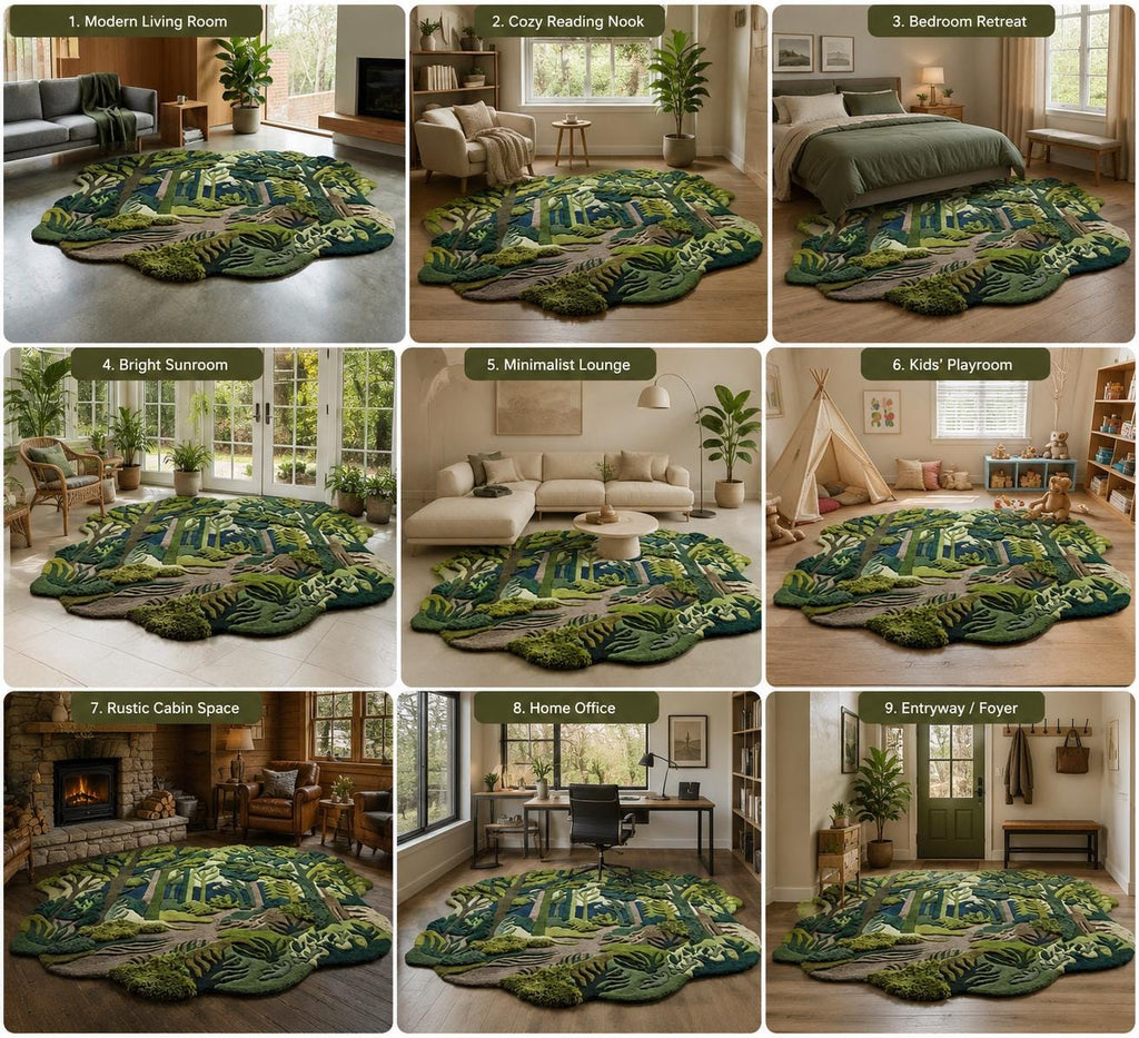 3D Carved Forest Canopy Rug – Handmade Wool Woodland Pathway Carpet | 100% New Zealand Wool | Made to Order