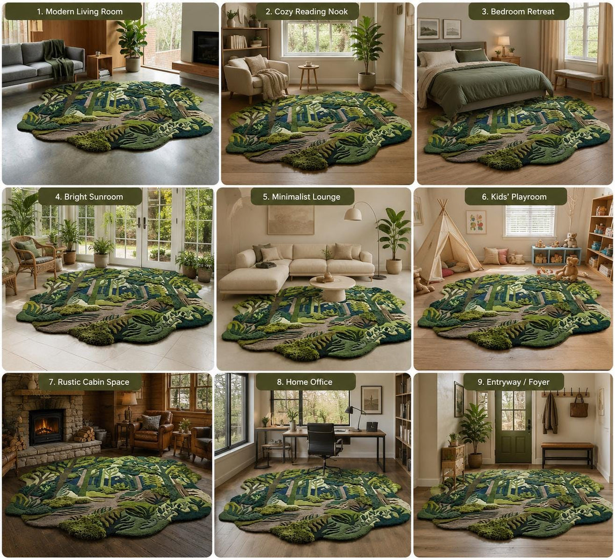 3D Carved Forest Canopy Rug – Handmade Wool Woodland Pathway Carpet | 100% New Zealand Wool | Made to Order
