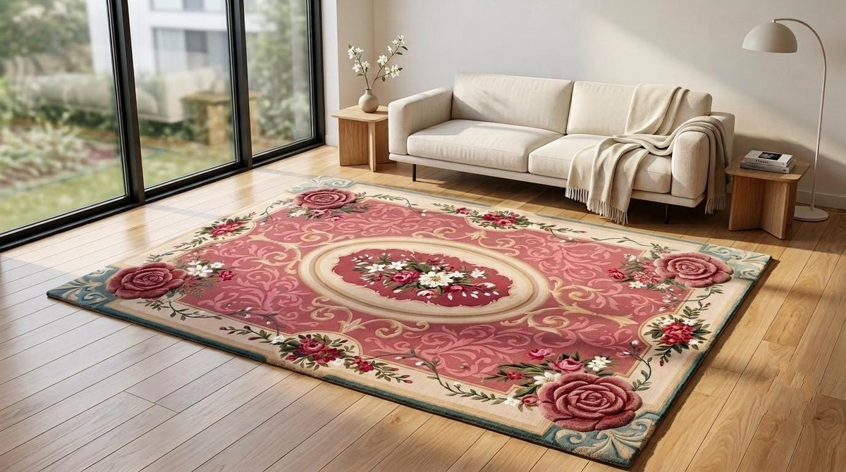 Hand-Tufted Wool Rug – French Rose Medallion, Dusty Rose Floral Aubusson Carpet | Made to Order