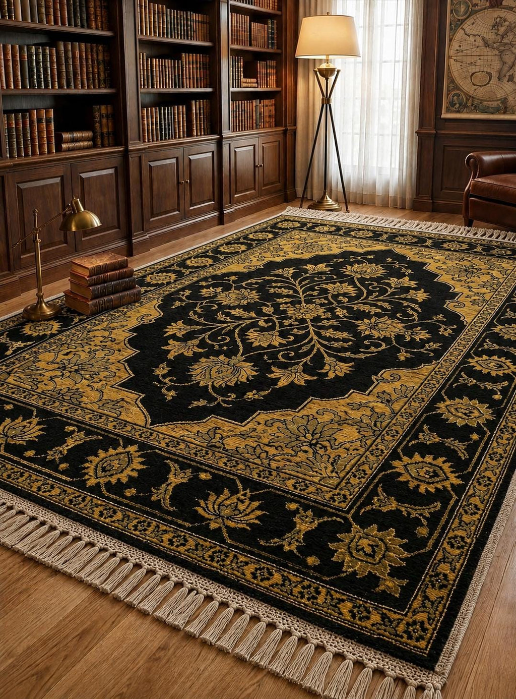 Hand Knotted Wool Area Rug – Black & Gold Floral Oriental | Free Doorstep Delivery to USA (Made to Order)