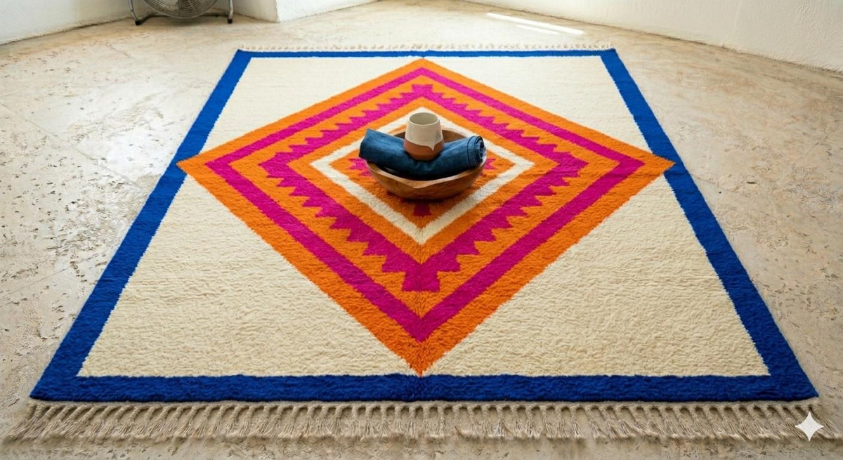 Hand Knotted Wool Area Rug – Vibrant Blue, Orange & Pink Geometric Diamond | Free Doorstep Delivery to USA (Made to Order)