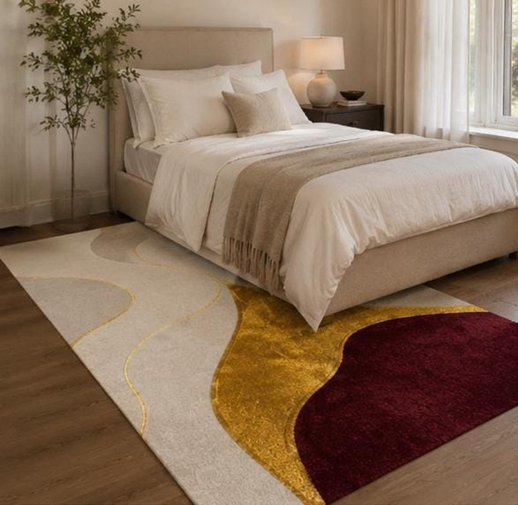 Modern Abstract Wool Runner Rug, Ivory, Gold and Burgundy Pattern, Handcrafted Bhadohi Carpet | Made to Order