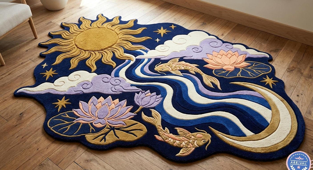 3D Koi Fish Area Rug, Sun and Moon Carpet, Hand-Tufted Wool Floor Decor | Made to Order
