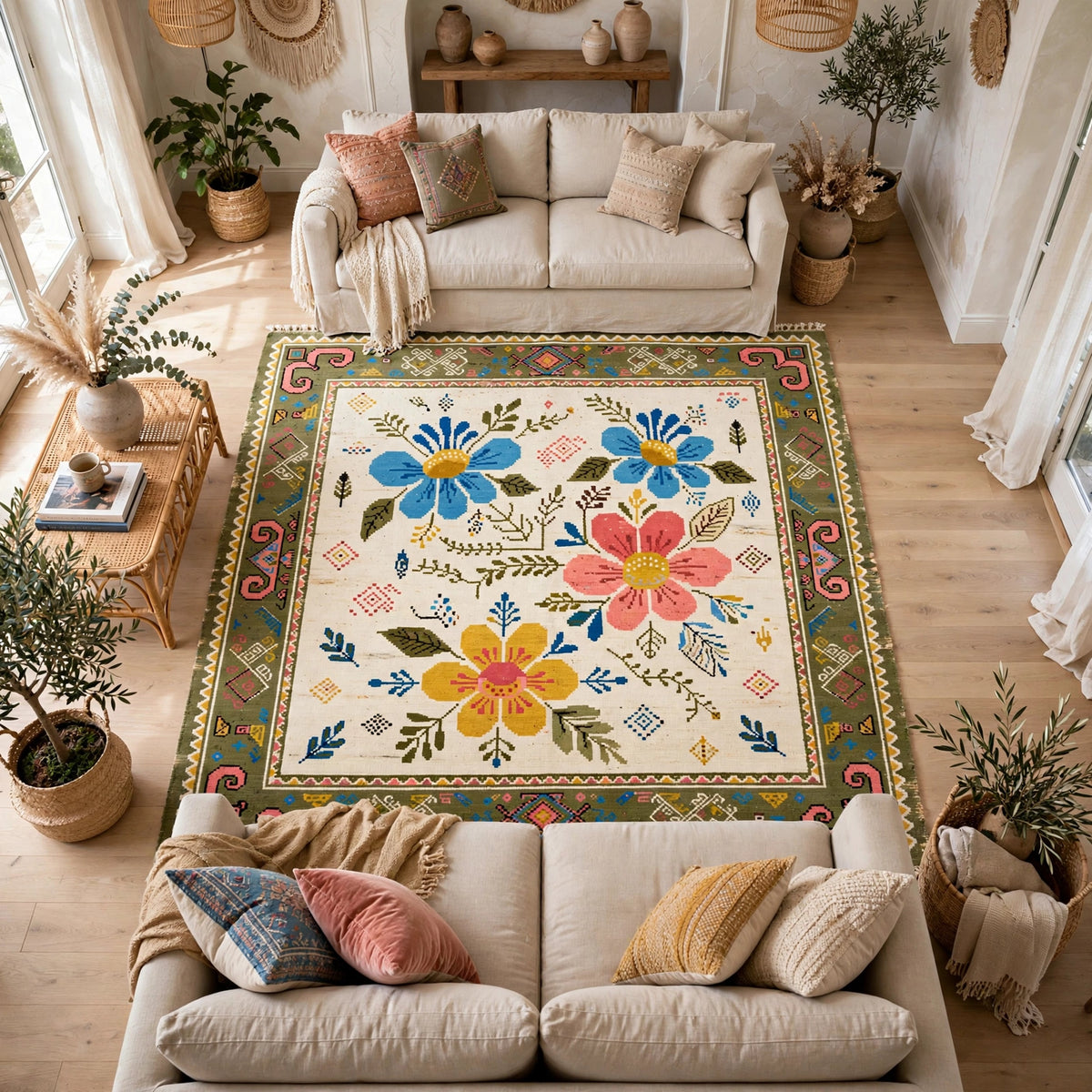 Folk Art Floral Hand-Knotted Wool Rug – Ivory, Blue & Pink Blooms | Tribal Border | Made to Order