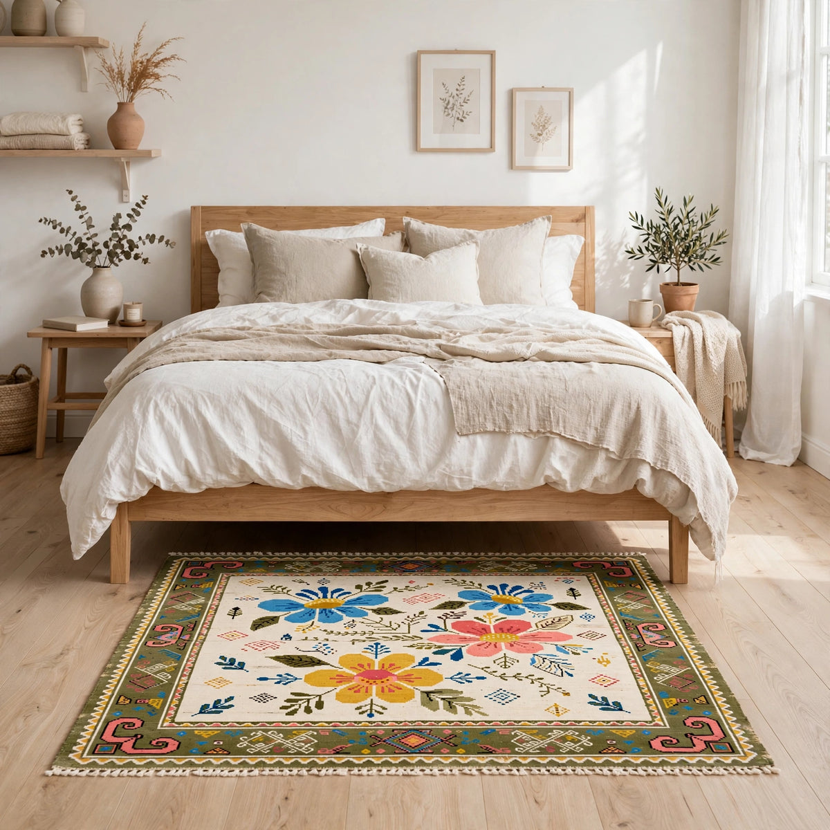 Folk Art Floral Hand-Knotted Wool Rug – Ivory, Blue & Pink Blooms | Tribal Border | Made to Order