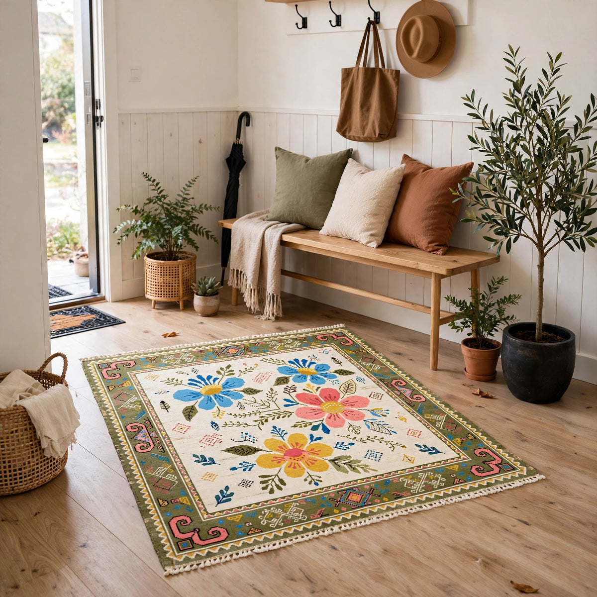 Folk Art Floral Hand-Knotted Wool Rug – Ivory, Blue & Pink Blooms | Tribal Border | Made to Order
