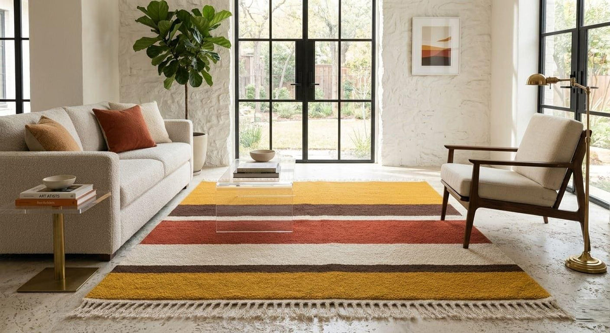 Hand Knotted Wool Area Rug – Mustard, Rust & Cream Modern Stripes | Free Doorstep Delivery to USA (Made to Order)