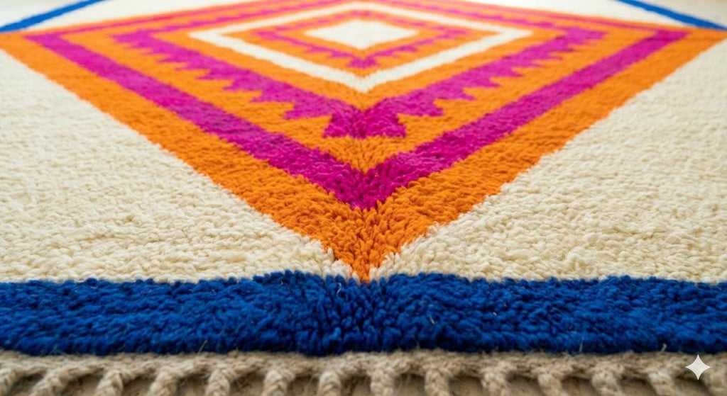 Hand Knotted Wool Area Rug – Vibrant Blue, Orange & Pink Geometric Diamond | Free Doorstep Delivery to USA (Made to Order)