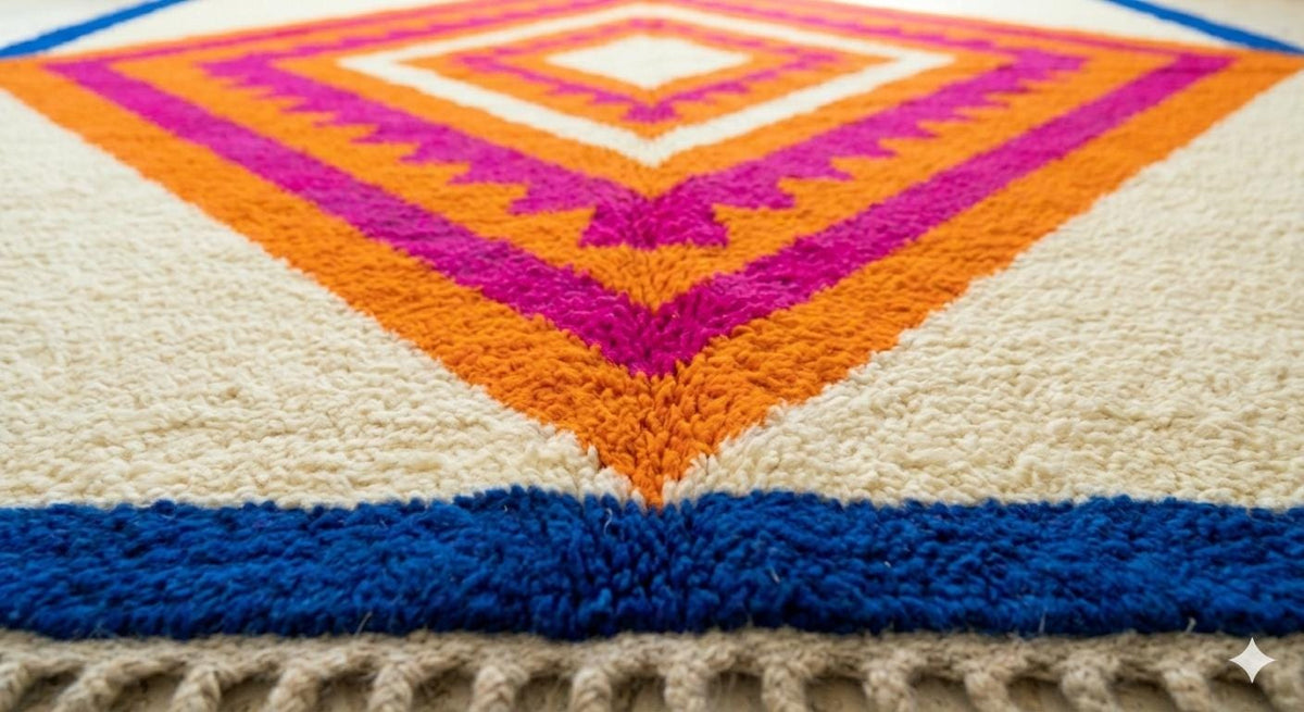 Hand Knotted Wool Area Rug – Vibrant Blue, Orange & Pink Geometric Diamond | Free Doorstep Delivery to USA (Made to Order)